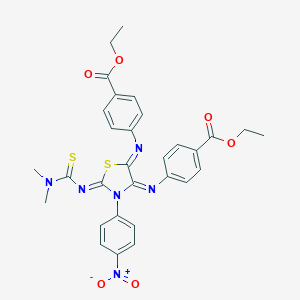 molecular formula C30H28N6O6S2 B307256 Ethyl 4-[(2-{[(dimethylamino)carbothioyl]imino}-5-{[4-(ethoxycarbonyl)phenyl]imino}-3-{4-nitrophenyl}-1,3-thiazolidin-4-ylidene)amino]benzoate 