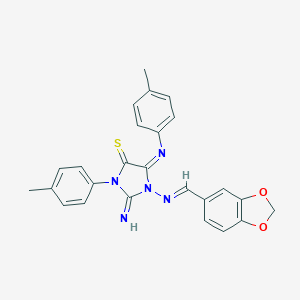 molecular formula C25H21N5O2S B307277 1-[(1,3-Benzodioxol-5-ylmethylene)amino]-2-imino-3-(4-methylphenyl)-5-[(4-methylphenyl)imino]-4-imidazolidinethione 