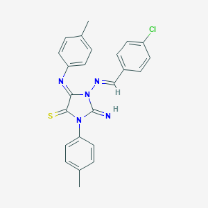 molecular formula C24H20ClN5S B307278 1-[(4-Chlorobenzylidene)amino]-2-imino-3-(4-methylphenyl)-5-[(4-methylphenyl)imino]-4-imidazolidinethione 