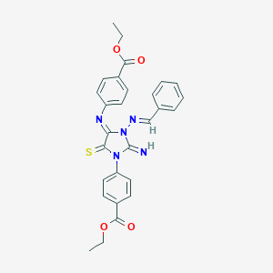 Ethyl 4-(3-(benzylideneamino)-4-{[4-(ethoxycarbonyl)phenyl]imino}-2-imino-5-thioxoimidazolidin-1-yl)benzoate
