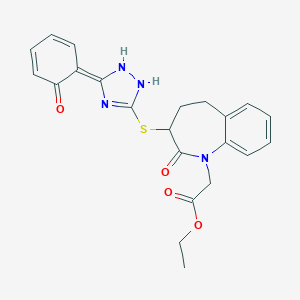 molecular formula C22H22N4O4S B307334 ethyl 2-[2-oxo-3-[[(5E)-5-(6-oxocyclohexa-2,4-dien-1-ylidene)-1,2-dihydro-1,2,4-triazol-3-yl]sulfanyl]-4,5-dihydro-3H-1-benzazepin-1-yl]acetate 