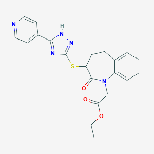 molecular formula C21H21N5O3S B307339 ethyl (2-oxo-3-{[5-(4-pyridinyl)-4H-1,2,4-triazol-3-yl]sulfanyl}-2,3,4,5-tetrahydro-1H-1-benzazepin-1-yl)acetate 