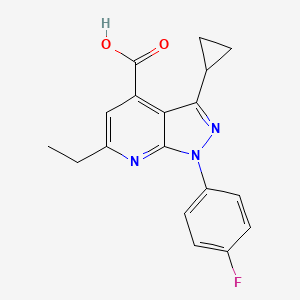 molecular formula C18H16FN3O2 B3073586 3-环丙基-6-乙基-1-(4-氟苯基)-1H-吡唑并[3,4-b]吡啶-4-羧酸 CAS No. 1018053-62-7
