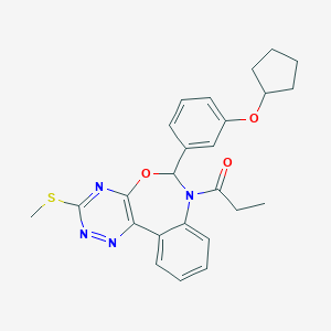 molecular formula C25H26N4O3S B307365 6-[3-(Cyclopentyloxy)phenyl]-3-(methylsulfanyl)-7-propionyl-6,7-dihydro[1,2,4]triazino[5,6-d][3,1]benzoxazepine 