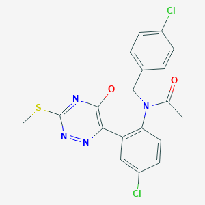 molecular formula C19H14Cl2N4O2S B307372 1-[10-chloro-6-(4-chlorophenyl)-3-(methylsulfanyl)[1,2,4]triazino[5,6-d][3,1]benzoxazepin-7(6H)-yl]ethanone 