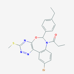 molecular formula C22H21BrN4O2S B307373 10-Bromo-6-(4-ethylphenyl)-3-(methylsulfanyl)-7-propionyl-6,7-dihydro[1,2,4]triazino[5,6-d][3,1]benzoxazepine 