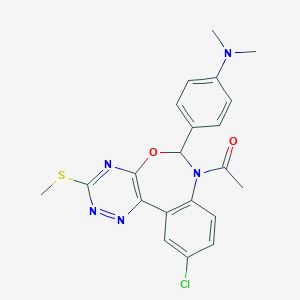 molecular formula C21H20ClN5O2S B307377 1-{10-chloro-6-[4-(dimethylamino)phenyl]-3-(methylsulfanyl)[1,2,4]triazino[5,6-d][3,1]benzoxazepin-7(6H)-yl}ethanone 