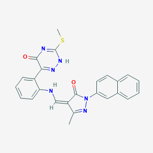 molecular formula C25H20N6O2S B307385 6-[2-[[(Z)-(3-methyl-1-naphthalen-2-yl-5-oxopyrazol-4-ylidene)methyl]amino]phenyl]-3-methylsulfanyl-2H-1,2,4-triazin-5-one 