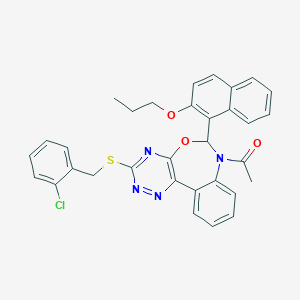 molecular formula C32H27ClN4O3S B307397 1-{3-[(2-chlorobenzyl)sulfanyl]-6-(2-propoxynaphthalen-1-yl)[1,2,4]triazino[5,6-d][3,1]benzoxazepin-7(6H)-yl}ethanone 