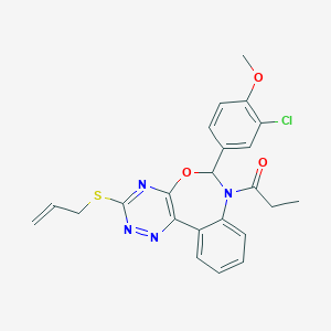 molecular formula C23H21ClN4O3S B307403 4-[3-(Allylsulfanyl)-7-propionyl-6,7-dihydro[1,2,4]triazino[5,6-d][3,1]benzoxazepin-6-yl]-2-chlorophenyl methyl ether 
