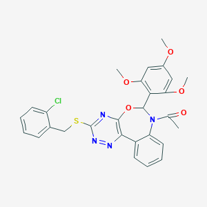 molecular formula C28H25ClN4O5S B307409 1-{3-[(2-chlorobenzyl)sulfanyl]-6-(2,4,6-trimethoxyphenyl)[1,2,4]triazino[5,6-d][3,1]benzoxazepin-7(6H)-yl}ethanone 
