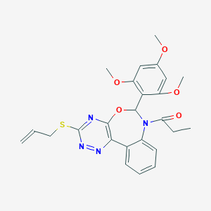 molecular formula C25H26N4O5S B307410 3-(Allylsulfanyl)-7-propionyl-6-(2,4,6-trimethoxyphenyl)-6,7-dihydro[1,2,4]triazino[5,6-d][3,1]benzoxazepine 