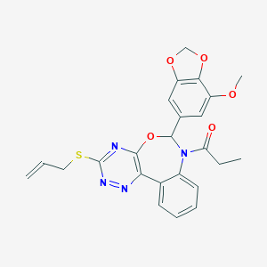molecular formula C24H22N4O5S B307411 6-[3-(Allylsulfanyl)-7-propionyl-6,7-dihydro[1,2,4]triazino[5,6-d][3,1]benzoxazepin-6-yl]-1,3-benzodioxol-4-yl methyl ether 