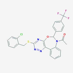 molecular formula C26H18ClF3N4O2S B307412 1-{3-[(2-chlorobenzyl)sulfanyl]-6-[4-(trifluoromethyl)phenyl][1,2,4]triazino[5,6-d][3,1]benzoxazepin-7(6H)-yl}ethanone 