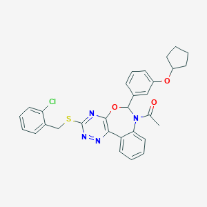 molecular formula C30H27ClN4O3S B307416 1-{3-[(2-chlorobenzyl)sulfanyl]-6-[3-(cyclopentyloxy)phenyl][1,2,4]triazino[5,6-d][3,1]benzoxazepin-7(6H)-yl}ethanone 