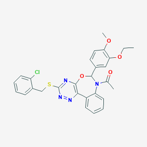 molecular formula C28H25ClN4O4S B307436 1-{3-[(2-chlorobenzyl)sulfanyl]-6-(3-ethoxy-4-methoxyphenyl)[1,2,4]triazino[5,6-d][3,1]benzoxazepin-7(6H)-yl}ethanone 