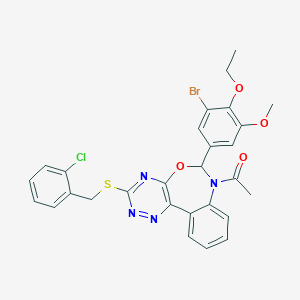 molecular formula C28H24BrClN4O4S B307443 1-[6-(3-bromo-4-ethoxy-5-methoxyphenyl)-3-[(2-chlorobenzyl)sulfanyl][1,2,4]triazino[5,6-d][3,1]benzoxazepin-7(6H)-yl]ethanone 