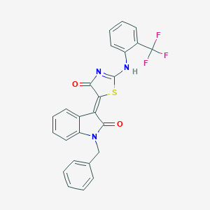 molecular formula C25H16F3N3O2S B307444 (5Z)-5-(1-benzyl-2-oxoindol-3-ylidene)-2-[2-(trifluoromethyl)anilino]-1,3-thiazol-4-one 