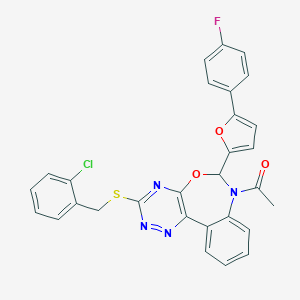 molecular formula C29H20ClFN4O3S B307446 1-{3-[(2-chlorobenzyl)sulfanyl]-6-[5-(4-fluorophenyl)furan-2-yl][1,2,4]triazino[5,6-d][3,1]benzoxazepin-7(6H)-yl}ethanone 