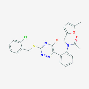 molecular formula C24H19ClN4O3S B307449 1-{3-[(2-chlorobenzyl)sulfanyl]-6-(5-methylfuran-2-yl)[1,2,4]triazino[5,6-d][3,1]benzoxazepin-7(6H)-yl}ethanone 