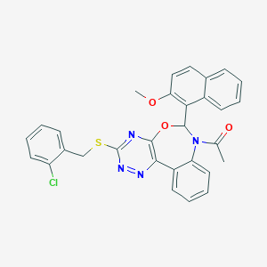 molecular formula C30H23ClN4O3S B307450 1-{3-[(2-chlorobenzyl)sulfanyl]-6-(2-methoxynaphthalen-1-yl)[1,2,4]triazino[5,6-d][3,1]benzoxazepin-7(6H)-yl}ethanone 