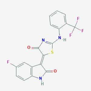 molecular formula C18H9F4N3O2S B307452 (5Z)-5-(5-fluoro-2-oxo-1H-indol-3-ylidene)-2-[2-(trifluoromethyl)anilino]-1,3-thiazol-4-one 