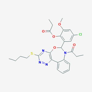 molecular formula C27H29ClN4O5S B307475 2-[3-(Butylsulfanyl)-7-propanoyl-6,7-dihydro[1,2,4]triazino[5,6-d][3,1]benzoxazepin-6-yl]-4-chloro-6-methoxyphenyl propanoate 