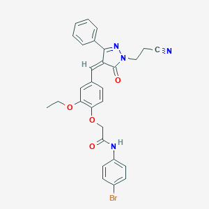 molecular formula C29H25BrN4O4 B307504 N-(4-bromophenyl)-2-(4-{[1-(2-cyanoethyl)-5-oxo-3-phenyl-1,5-dihydro-4H-pyrazol-4-ylidene]methyl}-2-ethoxyphenoxy)acetamide 