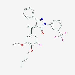 molecular formula C29H26F3IN2O3 B307506 4-(4-butoxy-3-ethoxy-5-iodobenzylidene)-5-phenyl-2-[3-(trifluoromethyl)phenyl]-2,4-dihydro-3H-pyrazol-3-one 