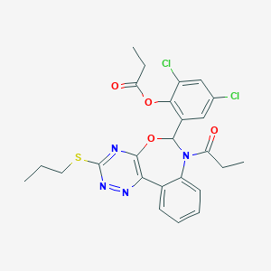molecular formula C25H24Cl2N4O4S B307520 2,4-Dichloro-6-[7-propanoyl-3-(propylsulfanyl)-6,7-dihydro[1,2,4]triazino[5,6-d][3,1]benzoxazepin-6-yl]phenyl propanoate 