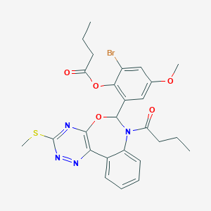 2-Bromo-6-[7-butyryl-3-(methylsulfanyl)-6,7-dihydro[1,2,4]triazino[5,6-d][3,1]benzoxazepin-6-yl]-4-methoxyphenyl butyrate