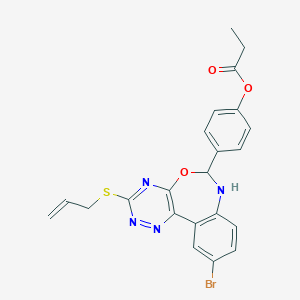 molecular formula C22H19BrN4O3S B307545 4-[3-(Allylsulfanyl)-10-bromo-6,7-dihydro[1,2,4]triazino[5,6-d][3,1]benzoxazepin-6-yl]phenyl propionate 