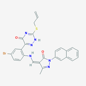 molecular formula C27H21BrN6O2S B307548 6-[5-bromo-2-[[(Z)-(3-methyl-1-naphthalen-2-yl-5-oxopyrazol-4-ylidene)methyl]amino]phenyl]-3-prop-2-enylsulfanyl-2H-1,2,4-triazin-5-one 