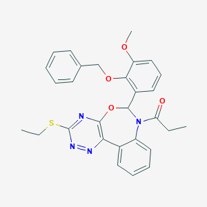 molecular formula C29H28N4O4S B307561 6-[2-(Benzyloxy)-3-methoxyphenyl]-3-(ethylsulfanyl)-7-propionyl-6,7-dihydro[1,2,4]triazino[5,6-d][3,1]benzoxazepine 