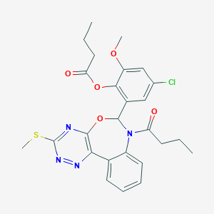 molecular formula C26H27ClN4O5S B307567 2-[7-Butanoyl-3-(methylsulfanyl)-6,7-dihydro[1,2,4]triazino[5,6-d][3,1]benzoxazepin-6-yl]-4-chloro-6-methoxyphenyl butanoate 