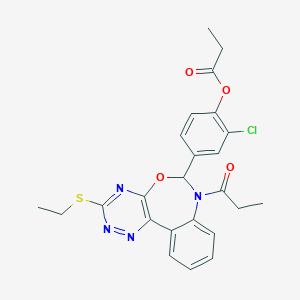 molecular formula C24H23ClN4O4S B307569 2-Chloro-4-[3-(ethylsulfanyl)-7-propanoyl-6,7-dihydro[1,2,4]triazino[5,6-d][3,1]benzoxazepin-6-yl]phenyl propanoate 
