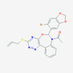 molecular formula C22H17BrN4O4S B307600 7-Acetyl-3-(allylthio)-6-(6-bromo-1,3-benzodioxol-5-yl)-6,7-dihydro[1,2,4]triazino[5,6-d][3,1]benzoxazepine 