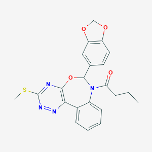 molecular formula C22H20N4O4S B307606 6-(1,3-Benzodioxol-5-yl)-7-butyryl-3-(methylsulfanyl)-6,7-dihydro[1,2,4]triazino[5,6-d][3,1]benzoxazepine 