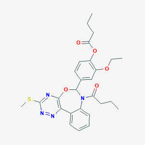 molecular formula C27H30N4O5S B307613 4-[7-Butanoyl-3-(methylsulfanyl)-6,7-dihydro[1,2,4]triazino[5,6-d][3,1]benzoxazepin-6-yl]-2-ethoxyphenyl butanoate 