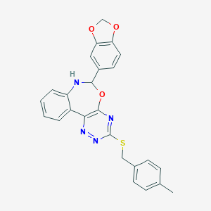 molecular formula C25H20N4O3S B307643 6-(1,3-Benzodioxol-5-yl)-3-[(4-methylbenzyl)thio]-6,7-dihydro[1,2,4]triazino[5,6-d][3,1]benzoxazepine 