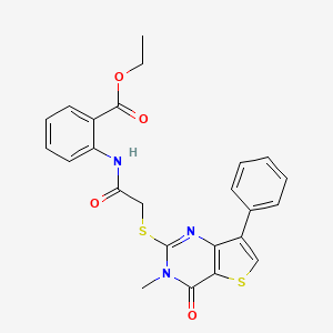 molecular formula C24H21N3O4S2 B3076448 Ethyl 2-({[(3-methyl-4-oxo-7-phenyl-3,4-dihydrothieno[3,2-d]pyrimidin-2-yl)thio]acetyl}amino)benzoate CAS No. 1040633-46-2