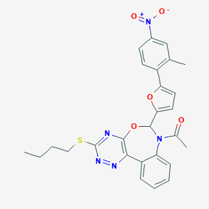 molecular formula C27H25N5O5S B307648 1-[3-(butylsulfanyl)-6-[5-(2-methyl-4-nitrophenyl)furan-2-yl][1,2,4]triazino[5,6-d][3,1]benzoxazepin-7(6H)-yl]ethanone 