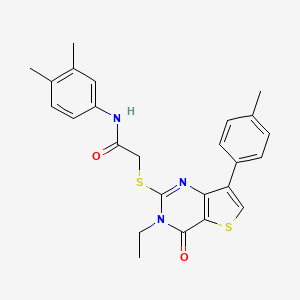 molecular formula C25H25N3O2S2 B3076545 N-(3,4-dimethylphenyl)-2-{[3-ethyl-7-(4-methylphenyl)-4-oxo-3,4-dihydrothieno[3,2-d]pyrimidin-2-yl]thio}acetamide CAS No. 1040650-30-3