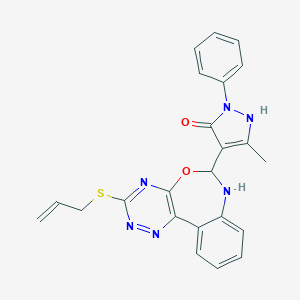 molecular formula C23H20N6O2S B307659 4-[3-(allylsulfanyl)-6,7-dihydro[1,2,4]triazino[5,6-d][3,1]benzoxazepin-6-yl]-3-methyl-1-phenyl-1H-pyrazol-5-ol 