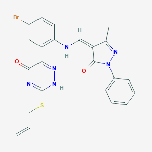 molecular formula C23H19BrN6O2S B307667 6-[5-bromo-2-[[(Z)-(3-methyl-5-oxo-1-phenylpyrazol-4-ylidene)methyl]amino]phenyl]-3-prop-2-enylsulfanyl-2H-1,2,4-triazin-5-one 