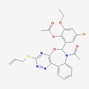 molecular formula C25H23BrN4O5S B307683 2-[7-Acetyl-3-(allylsulfanyl)-6,7-dihydro[1,2,4]triazino[5,6-d][3,1]benzoxazepin-6-yl]-4-bromo-6-ethoxyphenyl acetate 