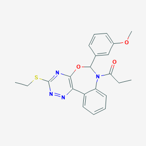 molecular formula C22H22N4O3S B307695 1-[3-(ETHYLSULFANYL)-6-(3-METHOXYPHENYL)[1,2,4]TRIAZINO[5,6-D][3,1]BENZOXAZEPIN-7(6H)-YL]-1-PROPANONE 