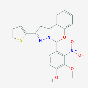 molecular formula C21H17N3O5S B307698 2-Methoxy-3-nitro-4-(2-thien-2-yl-1,10b-dihydropyrazolo[1,5-c][1,3]benzoxazin-5-yl)phenol 