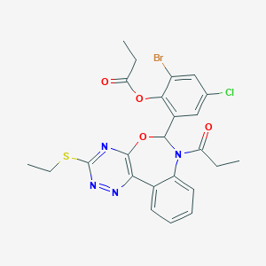 molecular formula C24H22BrClN4O4S B307703 2-Bromo-4-chloro-6-[3-(ethylsulfanyl)-7-propanoyl-6,7-dihydro[1,2,4]triazino[5,6-d][3,1]benzoxazepin-6-yl]phenyl propanoate 