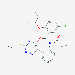 molecular formula C24H23ClN4O4S B307705 4-Chloro-2-[3-(ethylsulfanyl)-7-propanoyl-6,7-dihydro[1,2,4]triazino[5,6-d][3,1]benzoxazepin-6-yl]phenyl propanoate 
